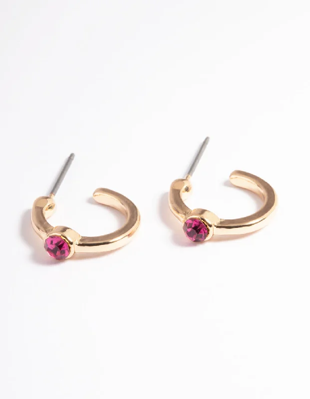 Women’s minimalist earrings-Pink Diamante Stone Huggie Earrings