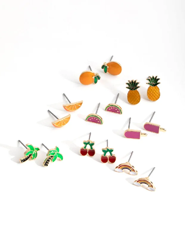 Women’s gold stud earrings-Gold Summer Fruit Enamel 8-Pack Earring