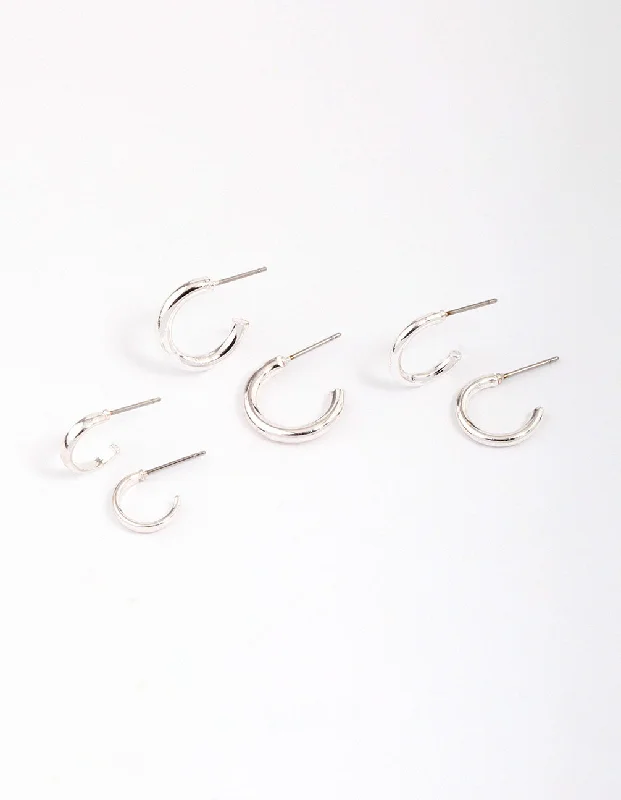 Women’s bold earrings-Silver Graduating Clean Huggie Hoop Earring 3-Pack