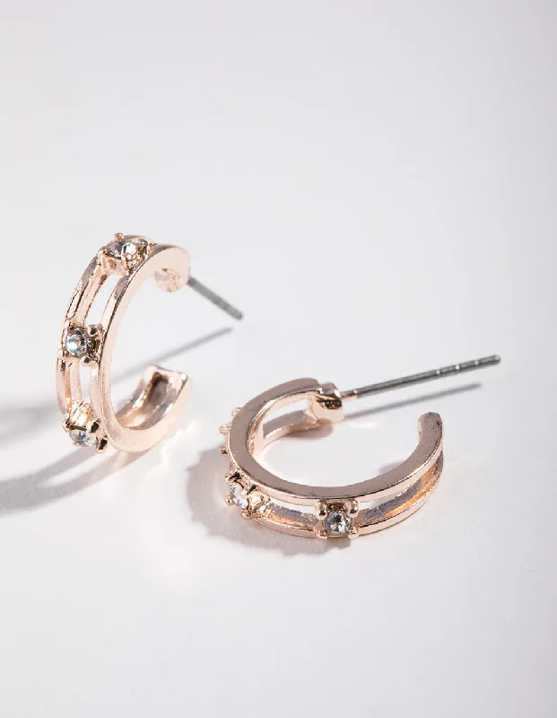 Women’s dangling gemstone earrings-Rose Gold Diamante Ladder Huggie Earrings