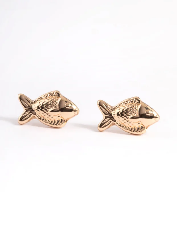 Women’s polished silver earrings-Gold Fish Stud Earrings