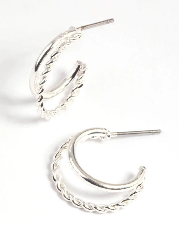 Women’s custom earrings-Silver Twisted Huggie Hoop Earrings