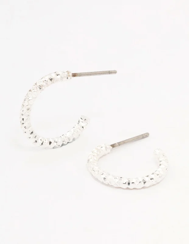 Women’s moon earrings-Silver Hammered Huggie Earrings