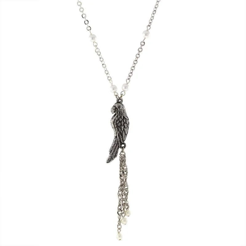 Women’s feather necklaces-1928 Jewelry Neotropic Exotic Parrot Faux Pearl Chain & Tassel Necklace 16" + 3" Extender