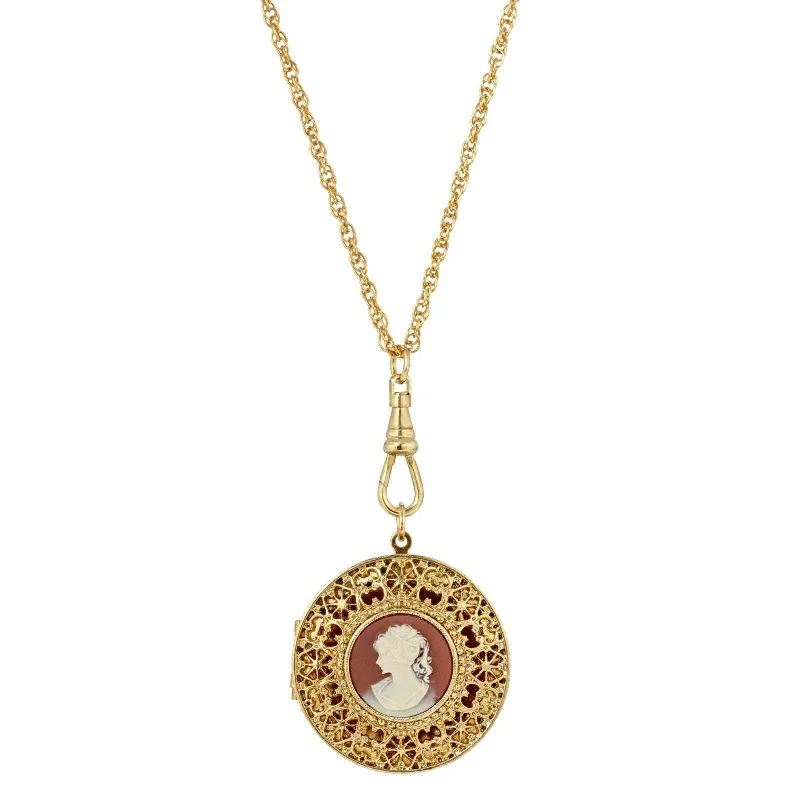 Women’s birthstone pendant necklaces-1928 Jewelry Cameo Round Ornate Filigree Locket Necklace 30"