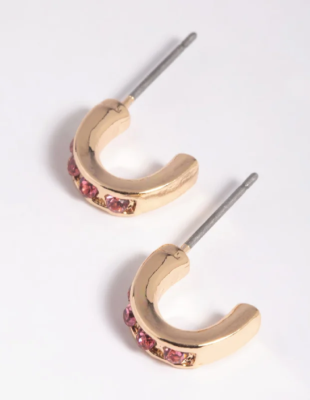 Women’s gold earrings-Pink Stone Huggie Hoop Earrings