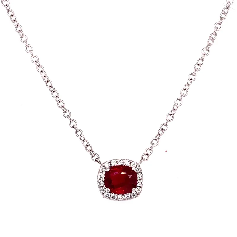 Women’s matching necklaces-Cushion Cut Ruby Necklace with Diamond Halo