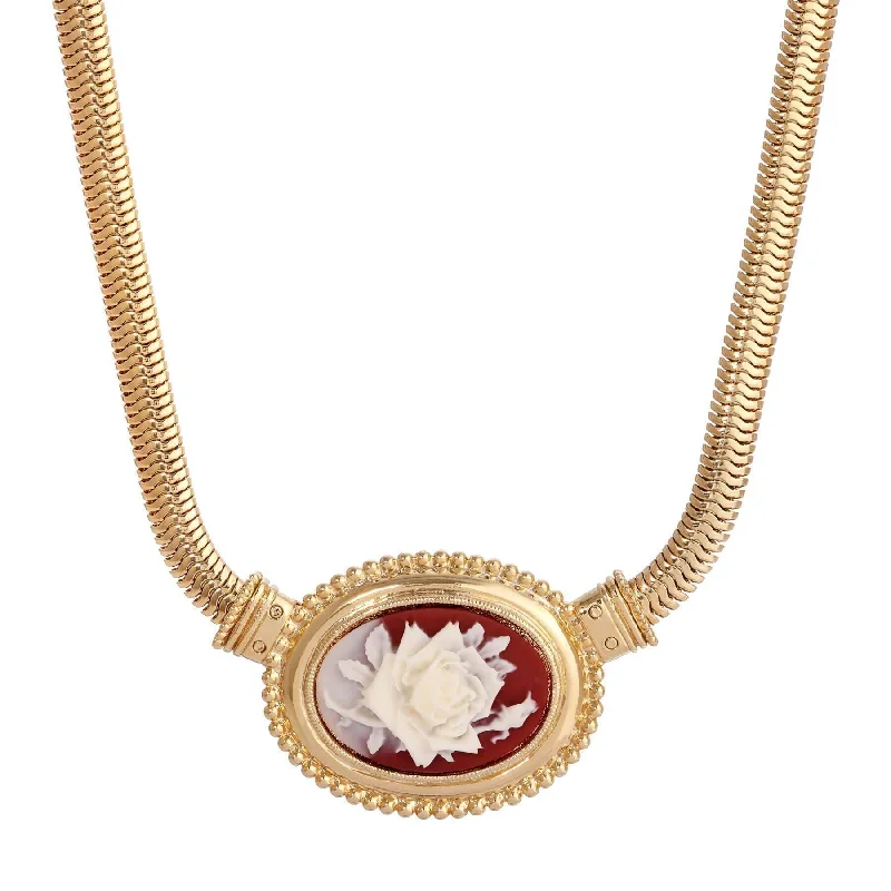 Women’s layered necklaces-1928 Jewelry Oval Ivory Flower Carnelian Red Cameo Snake Chain Pendant Necklace 16" + 3" Extender