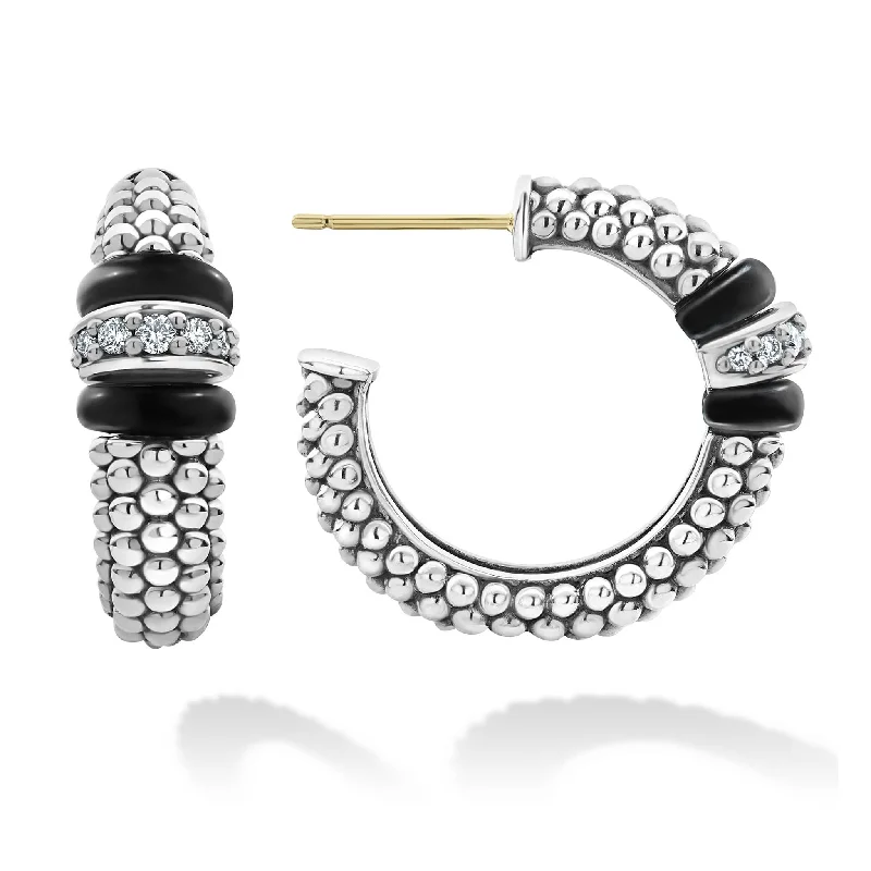 Women’s elegant earrings-Black Caviar Ceramic Caviar Diamond Hoop Earrings