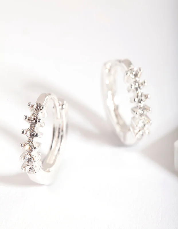 Women’s minimalist earrings-Silver Jagged Diamante Huggie