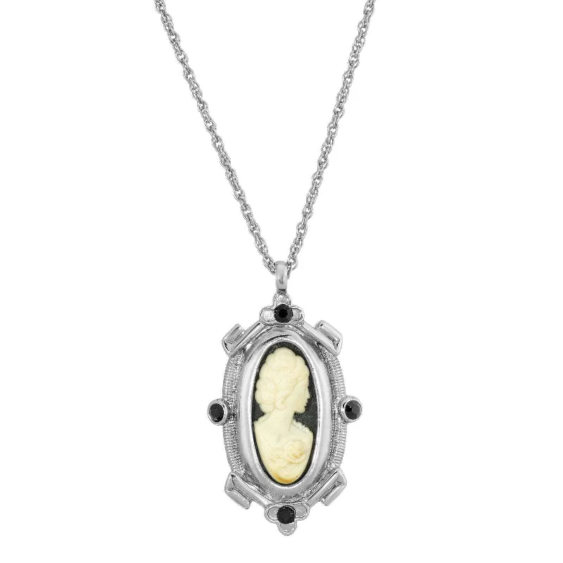 Women’s gemstone pendant necklaces-1928 Jewelry Oval Matte Black & Ivory Cameo Crystal Pendant Necklace 18"