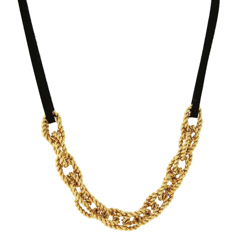 Women’s pendant with gemstones-1928 Jewelry Gold Double Parallel Curb Chain Black Suede Necklace 16" + 3" Extender