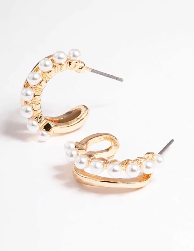 Women’s chandelier earrings-Gold Pearl Illusion Huggie Earrings