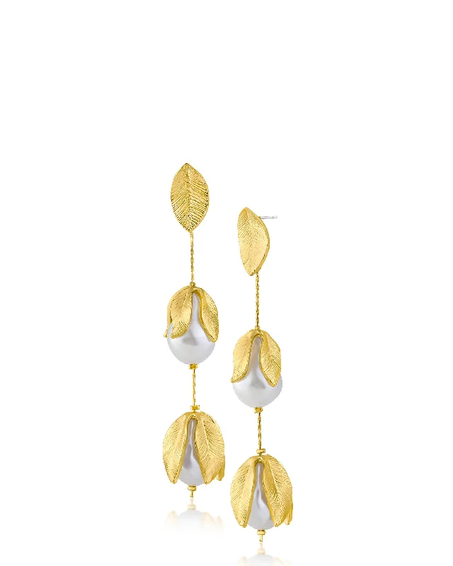 Women’s large earrings-Leaf and Pearl Design Drop Earrings