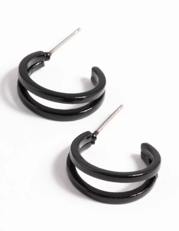 Women’s small earrings-Black Double Huggie Hoop Earrings