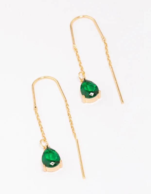 Women’s animal earrings-Gold Plated Cubic ZIrconia Emerald Threader Drop Earrings