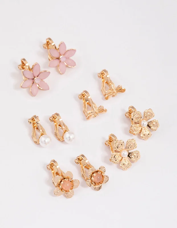 Women’s vintage earrings-Gold Pretty Flower Clip On Earrings 5-Pack