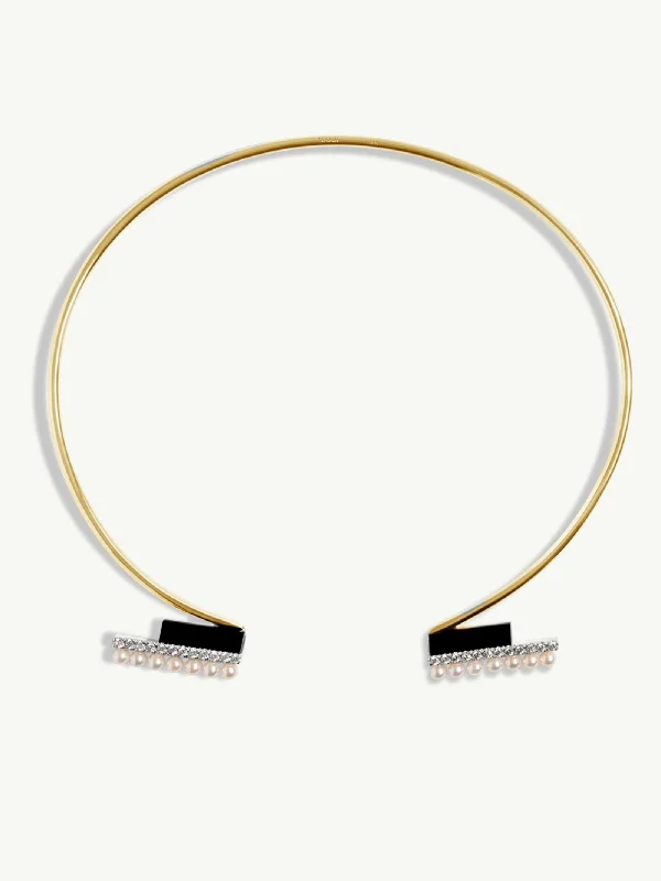 Women’s evening wear necklaces-Invidia Black Onyx Column & Pavé White Diamond Collar Necklace With Pearls In 18K Yellow Gold