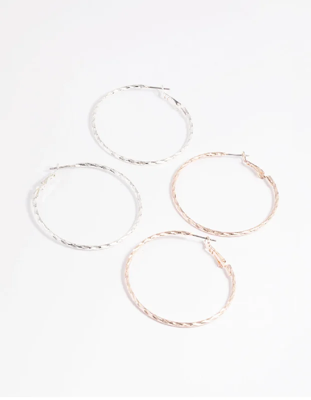 Women’s diamond earrings-Mixed Metal Textured Hoop Earring Set