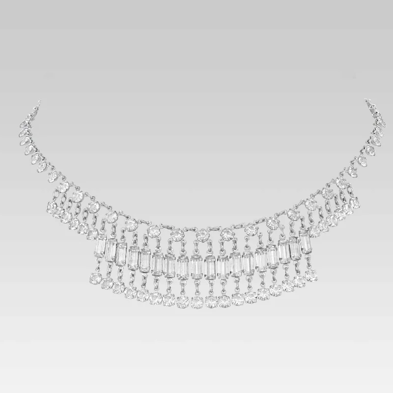 Women’s silver necklaces-1928 Jewelry Vintage Austrian Crystal Baguette Round Drop Link Necklace 14"