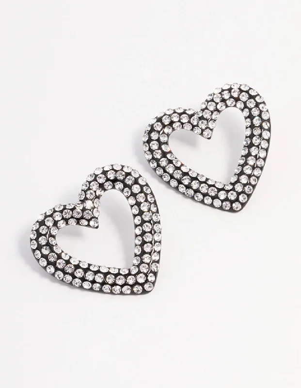 Women’s birthstone earrings-Gunmetal Diamante Heart Stud Earrings