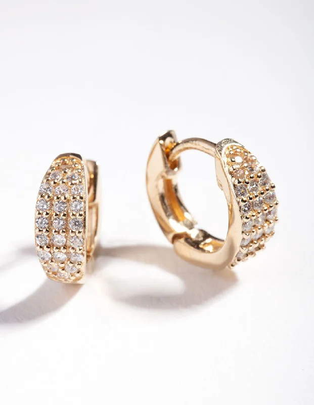 Women’s luxury gold earrings-Gold Plated Sterling Silver Statement Pave Huggie Earrings