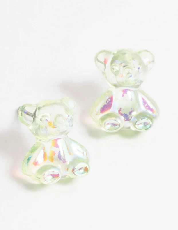 Women’s bridal earrings-Acrylic Green Candy Bear Stud Earrings