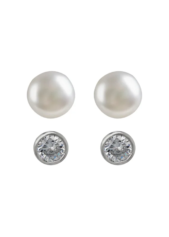 Women’s geometric earrings-Pearl and Round CZ Set