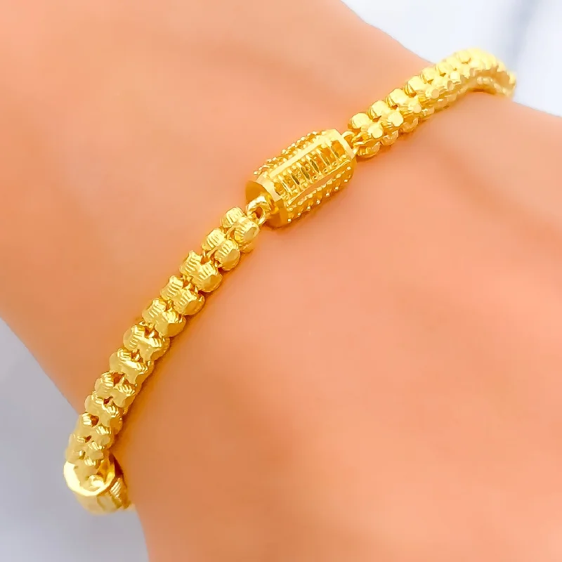 Women’s fashion bangles-Stately Striped Barrel 22k Gold Bracelet