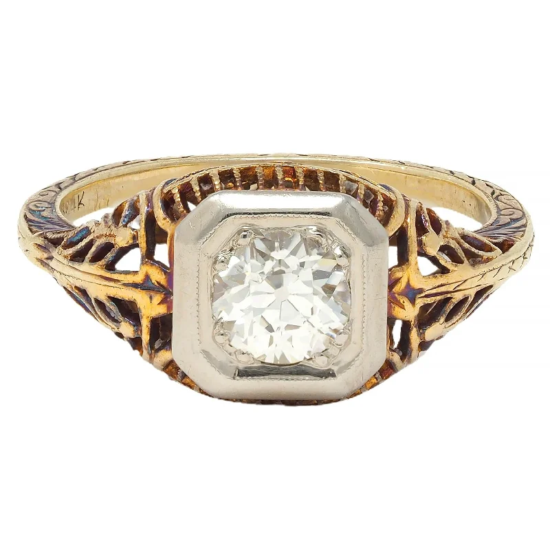 Women’s luxury engagement rings-Edwardian 0.55 CTW Old European Diamond 14 Karat Two-Tone Gold Foliate Engagement Ring