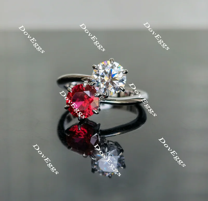 Women’s modern halo engagement rings-DovEggs round two stone moissanite and ruby engagement ring