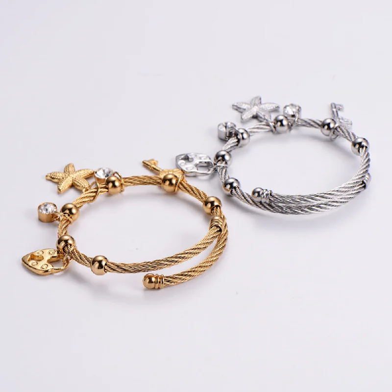 Women’s bracelet and ring sets-Fashion Starfish Stainless Steel Bangle Plating Artificial Diamond Stainless Steel Bracelets