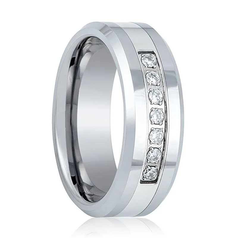 Women’s emerald engagement rings-CETUS | Silver Tungsten Ring, 7 White CZ Diamonds, Beveled