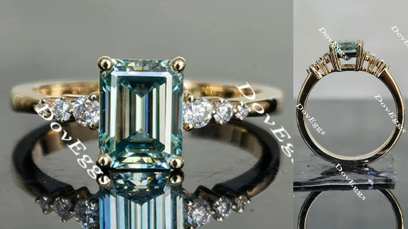 Women’s trendy engagement rings-DovEggs peacock blue side stones emerald moissanite engagement ring