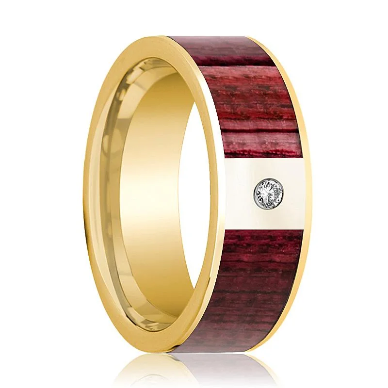 Women’s platinum diamond engagement rings-Purpleheart Wood Inlaid Men's 14k Gold Wedding Band with White Diamond - 8MM