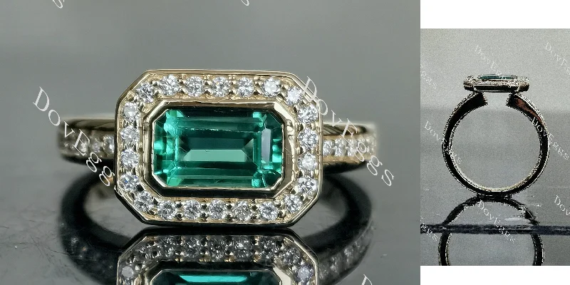 Women’s sapphire engagement rings-Doveggs elongated emerald halo colored gem engagement ring