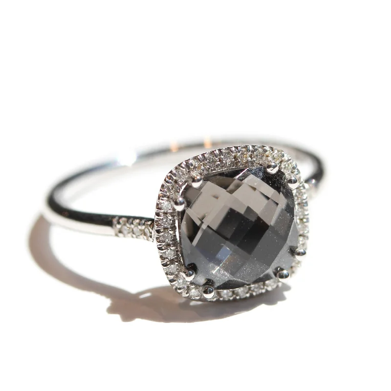 Women’s engagement rings-Black Night Topaz Cushion Halo Ring