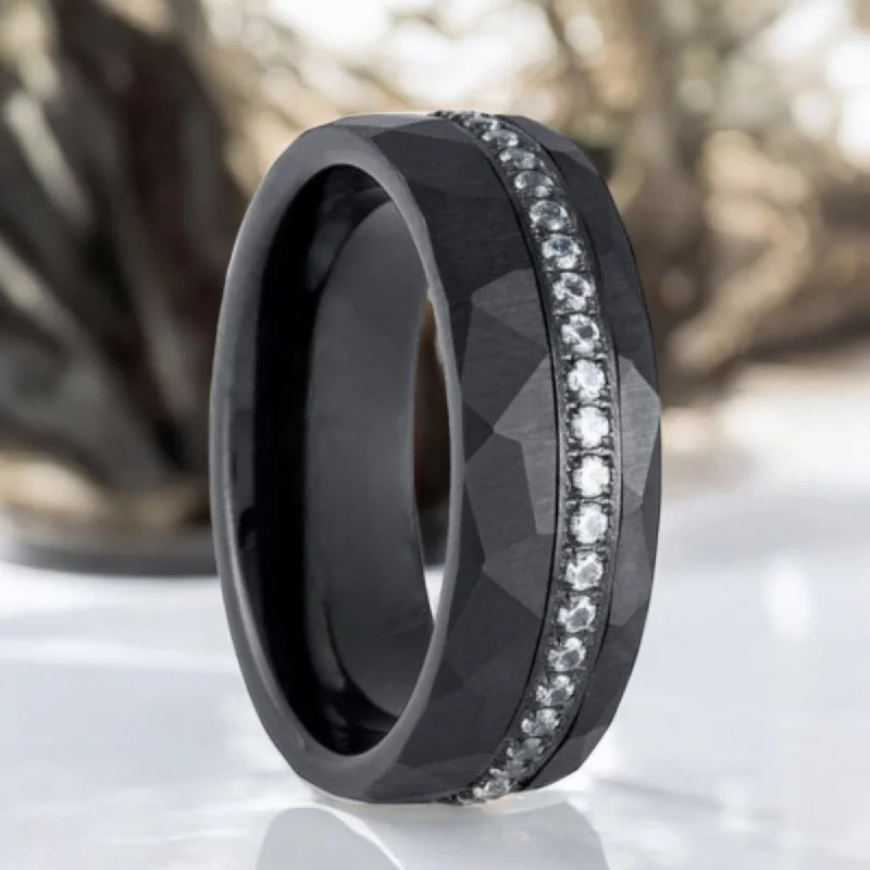 Women’s radiant-cut diamond engagement rings-ARDENT | Black Tungsten Ring, Diamond Stimulate White CZ, Hammered