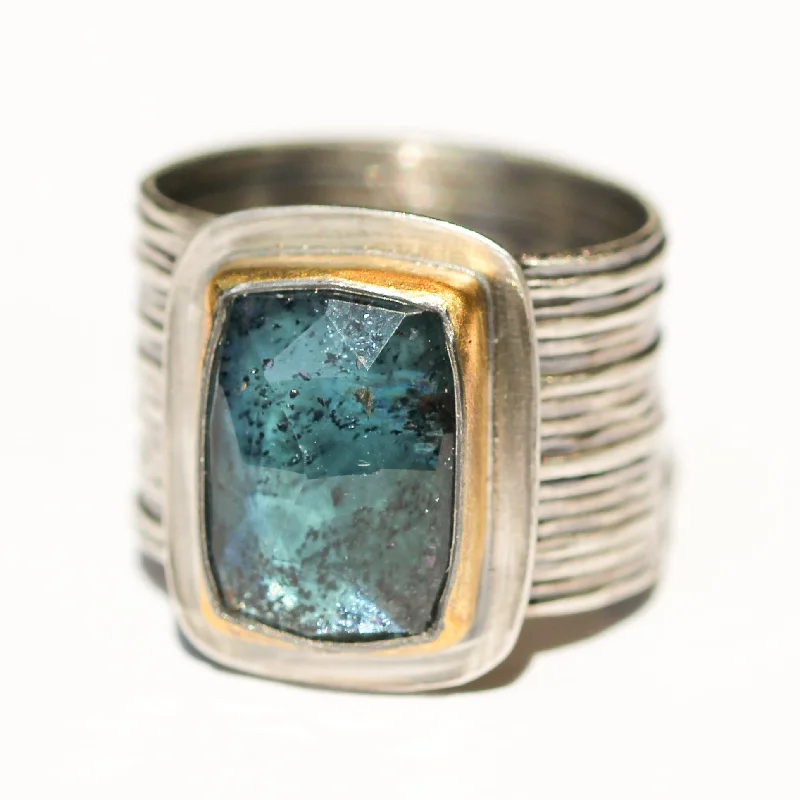 Boho rings for women-Rectangular Teal Kyanite Ring with Wide Band