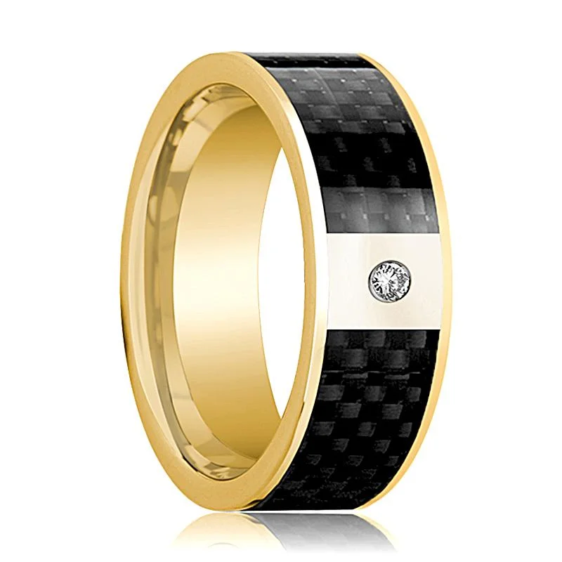 Women’s emerald engagement rings-Flat Polished 14k Yellow Gold and Diamond Men's Wedding Band with Black Carbon Fiber Inlay - 8MM