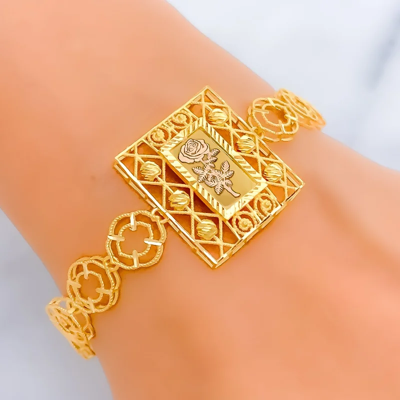 Women’s braided bracelets-Edgy Geometric Floral Link 21k Gold Bracelet