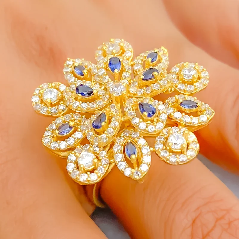 Women’s affordable engagement rings-Vibrant Blue CZ 22k Gold Statement Ring