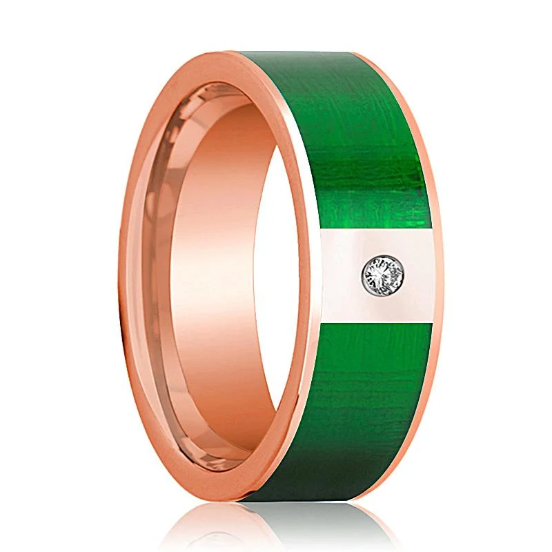 Women’s unique engagement rings-Flat Polished 14k Rose Gold Men's Wedding Band with Diamond and Textured Green Inlay - 8MM