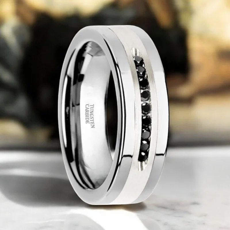 Women’s vintage engagement rings-BLACKSTONE | Silver Tungsten Ring, Sterling Inlay, Black Diamonds, Flat