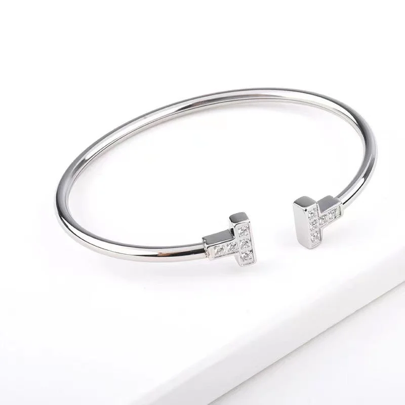 Women’s engraved bracelets-Simple Style T Shape Titanium Steel Inlay Rhinestones Cuff Bracelets