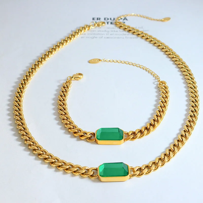 P1337-Steel Green Glass Stone Necklace-40+5cm