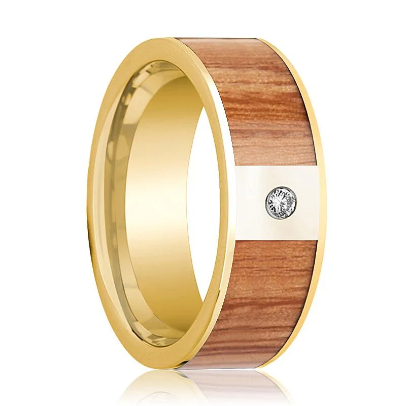 Women’s pear-shaped engagement rings-Red Oak Wood Inlaid 14k Yellow Gold Men's Wedding Band with Diamond in Center - 8MM