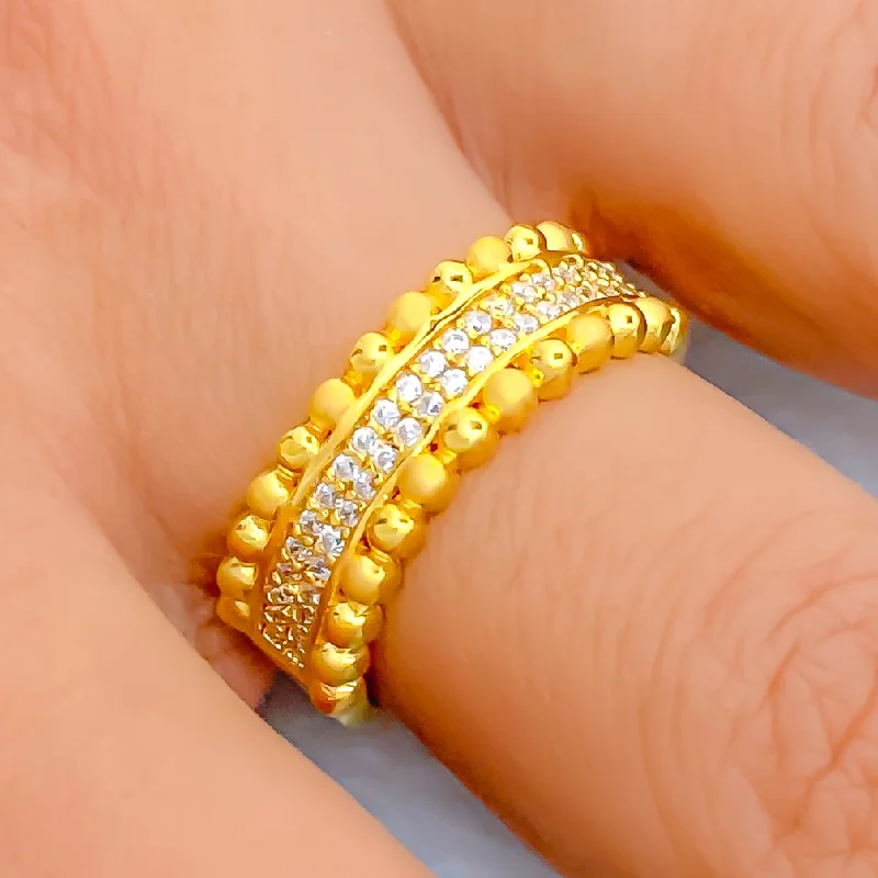 Women’s custom diamond rings-Elegant Lined Dual Finish 22k Gold CZ Ring