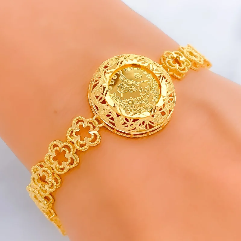 Women’s pearl bangles-Radiant Round 21k Gold Floral Bracelet