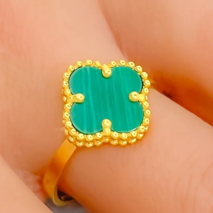 Women’s platinum rings-Modest Blooming Malachite 21K Gold Clover Ring - Size 8